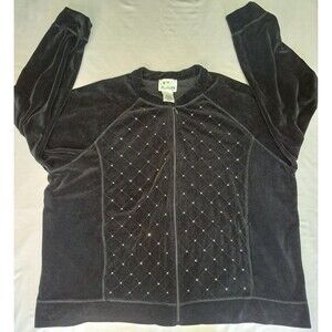 Quacker Factory Vtg Black Velour Rhinestone Full Zip Cardigan Sweater 3X Women's